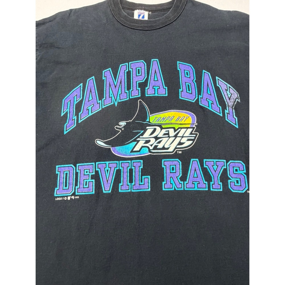 Logo 7 T-Shirt Mens Large Black TampaBay Devil Rays Vintage 1995 MLB Graphic USA - Picture 2 of 10